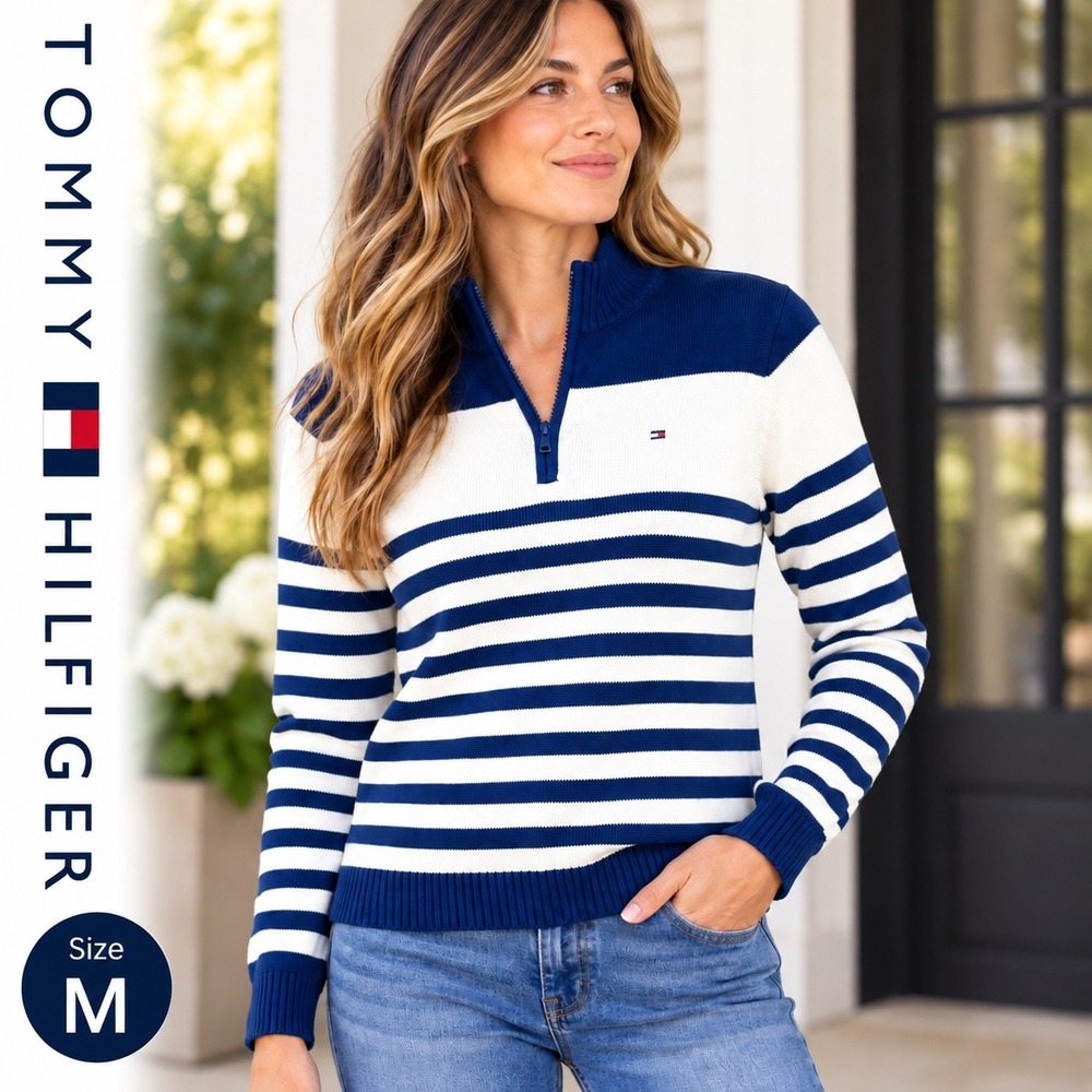 Tommy Hilfiger Quarter Zip Sweater Womens M Blue White Striped Cotton Pullover